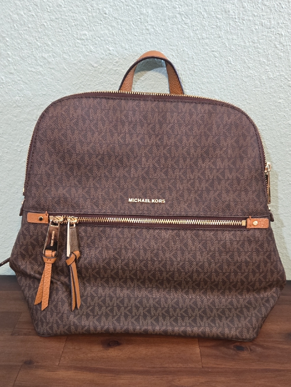 Michael Kors Brown MK Logo Backpack with Tan Trim